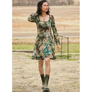 Peruvian Connection Pastorale Jersey Dress Leaves JunglePrint Long Sleeve Size S